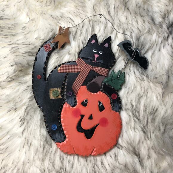 Halloween Holiday Seasonal Black Kitty Cat Kitten & Jack-O-Lantern Pumpkin Sign - Picture 2 of 11